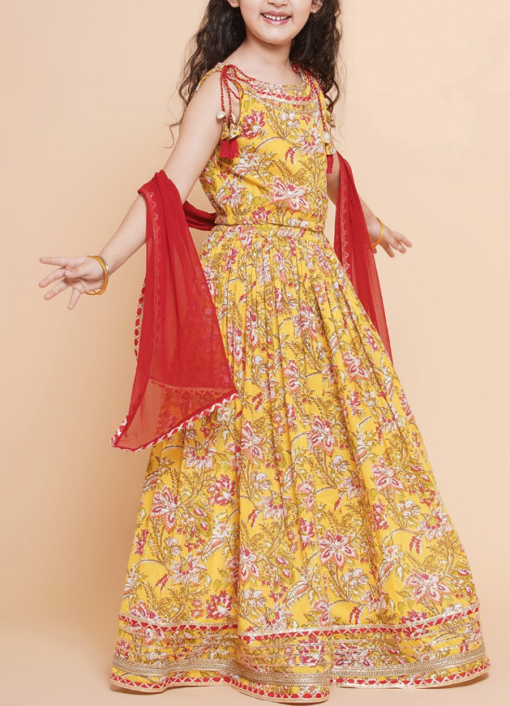 Floral Yellow Mustard Lehenga Kurti set with Red Chunni - Image 3